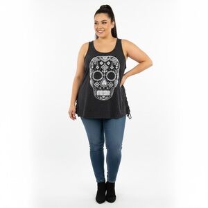 Torrid Charcoal Candy Skull Graphic Tank Top with Caged sides size 3